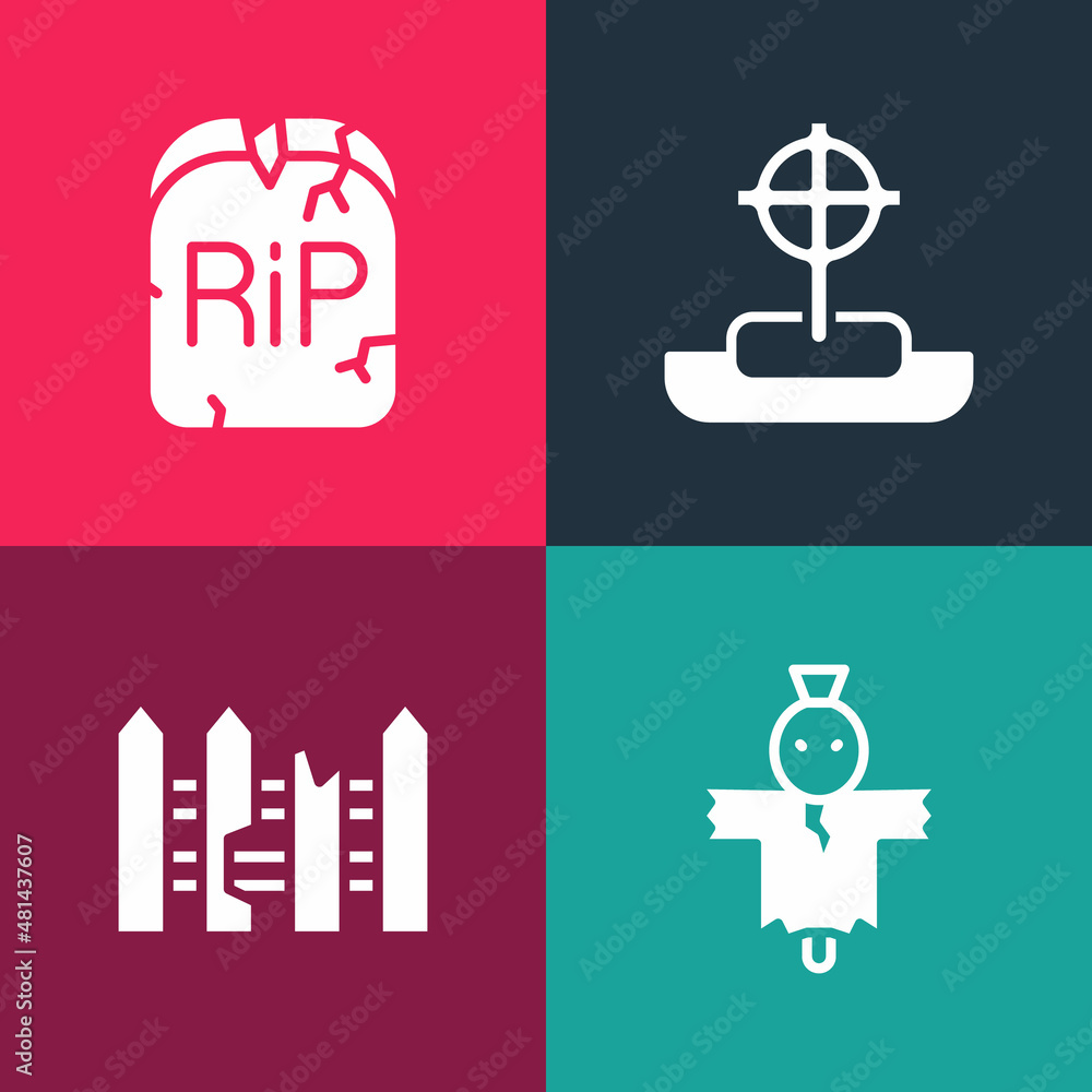 Set pop art Scarecrow, Garden fence wooden, Tombstone with cross and RIP written icon. Vector Set pop art Scarecrow, Garden fence wooden, Tombstone with cross and RIP written icon. Vector