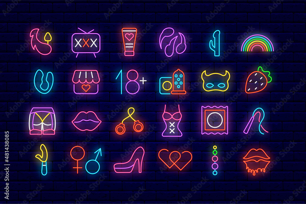 Sex shop neon icon set. Adult only accessories. Intimate store. Simple  logotype design. Vector stock illustration Stock Vector | Adobe Stock