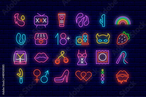 Sex shop neon icon set. Adult only accessories. Intimate store. Simple logotype design. Vector stock illustration