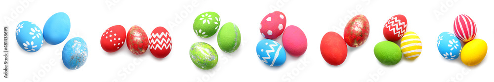 Beautiful Easter eggs on white background, top view Beautiful Easter eggs on white background, top view