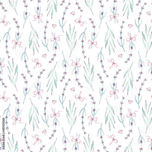 Watercolor seamless wedding day pattern with key, brooch, heart, pendant, bow, ribbon. For baby shower party, clothes, bachelorette party, valentine cards, linen, wrapping paper, wallpaper, textile.