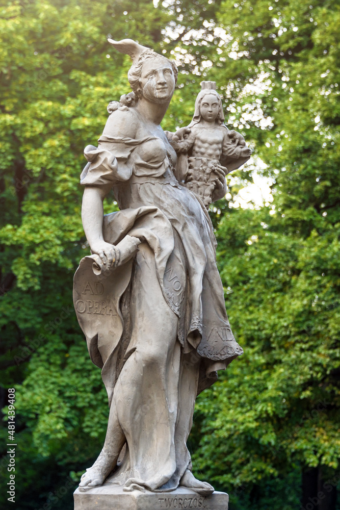Sandstone statues in the Saxon Garden, Warsaw, Poland. Made before 1745 by anonymous Warsaw sculptor under the direction of Johann Georg Plersch. Statues of Greek mythical muses Sandstone statues in the Saxon Garden, Warsaw, Poland. Made before 1745 by anonymous Warsaw sculptor under the direction of Johann Georg Plersch. Statues of Greek mythical muses