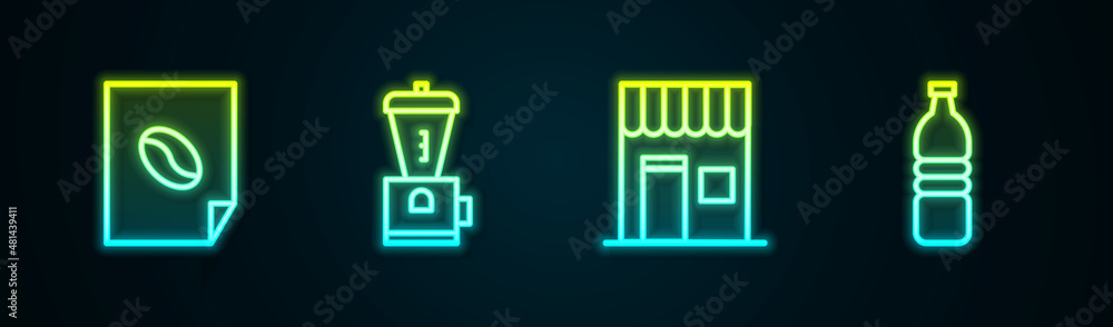 Set line Coffee poster, Electric coffee grinder, shop and Bottle water. Glowing neon icon. Vector Set line Coffee poster, Electric coffee grinder, shop and Bottle water. Glowing neon icon. Vector