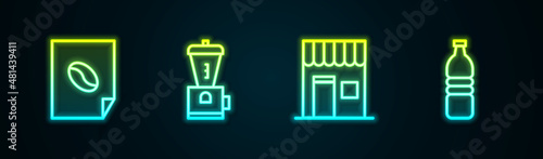 Set line Coffee poster, Electric coffee grinder, shop and Bottle water. Glowing neon icon. Vector