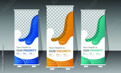 New Medical Roll-Up Banner Design Template. with three different gradient colors. Vertical, roll-up template, banner stand, or flag design