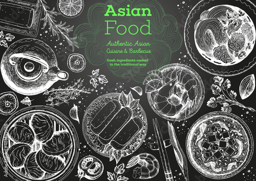 Asian cuisine top view frame. Food menu design with noodles, soup miso, dumplings shrimps and rolls. Vintage hand drawn sketch vector illustration.