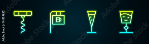 Set line Wine corkscrew, Street signboard with Bar, Glass of champagne and glass. Glowing neon icon. Vector
