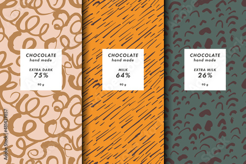 Vector illustration set of templates contemporary abstract cover and patterns for chocolate and cocoa packaging with labels. Minimal modern backgrounds.