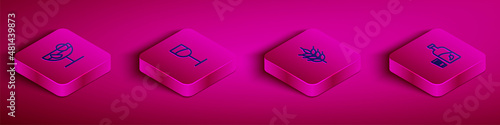 Set Isometric line Cocktail, Wine glass, Hop and Vodka with pepper and icon. Vector
