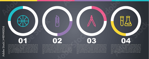 Set line Basketball ball, Stationery knife, Drawing compass and Test tube and flask. Business infographic template. Vector