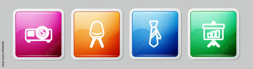 Set line Movie, film, media projector, Office chair, Tie and Chalkboard with diagram. Colorful square button. Vector Set line Movie, film, media projector, Office chair, Tie and Chalkboard with diagram. Colorful square button. Vector