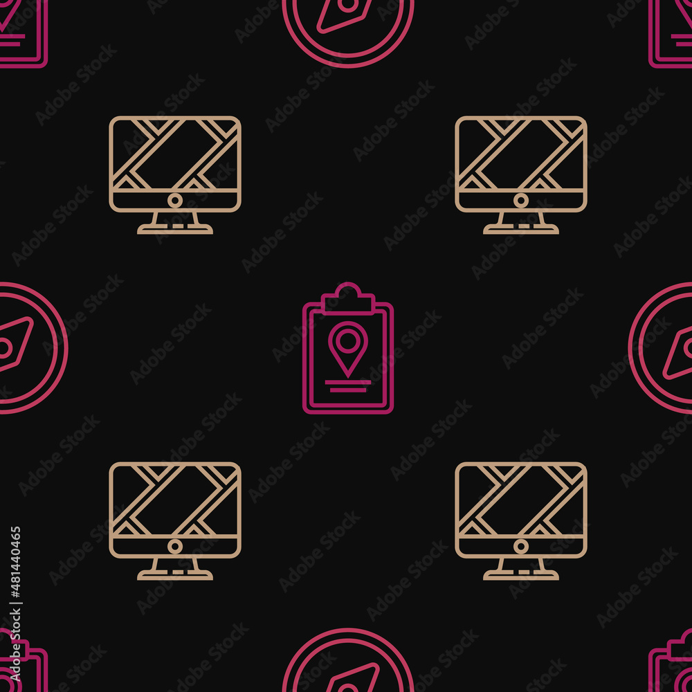 Set line Compass, Monitor with location marker and Folded map on seamless pattern. Vector Set line Compass, Monitor with location marker and Folded map on seamless pattern. Vector