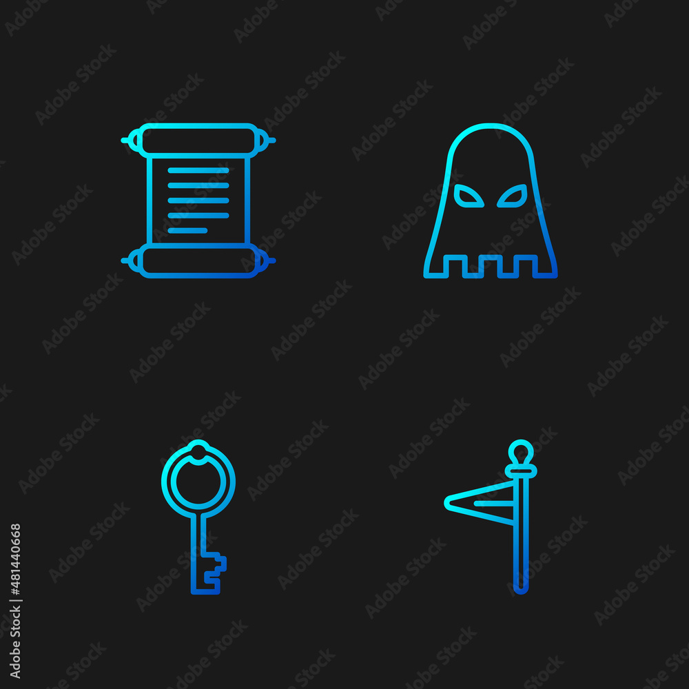 Set line Medieval flag, Old key, Decree, parchment, scroll and Executioner mask. Gradient color icons. Vector Set line Medieval flag, Old key, Decree, parchment, scroll and Executioner mask. Gradient color icons. Vector