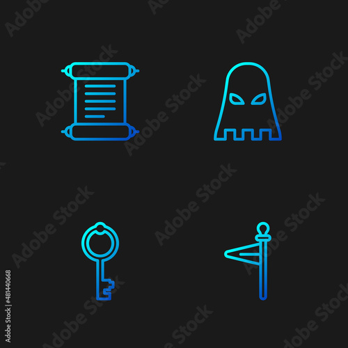 Set line Medieval flag, Old key, Decree, parchment, scroll and Executioner mask. Gradient color icons. Vector