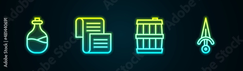 Set line Old bottle of wine, Decree, parchment, scroll, Wooden barrel and Dagger. Glowing neon icon. Vector