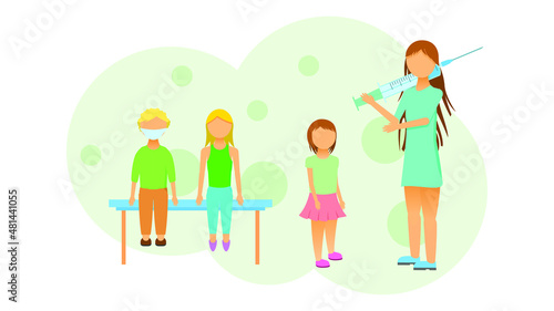 Abstract Flat Medic Woman Vaccinates Children Cartoon People Character Concept Illustration Vector Design Style Coronavirus COVID-19 Mass Vaccination Healthcare Epidemic