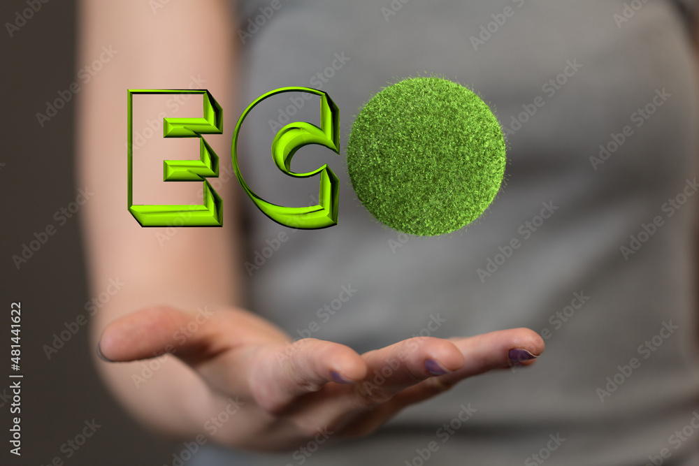 Eco word on the background of green leaves of carrots. plantation. Agriculture. harvest. Environmentally friendly, climate change Eco word on the background of green leaves of carrots. plantation. Agriculture. harvest. Environmentally friendly, climate change