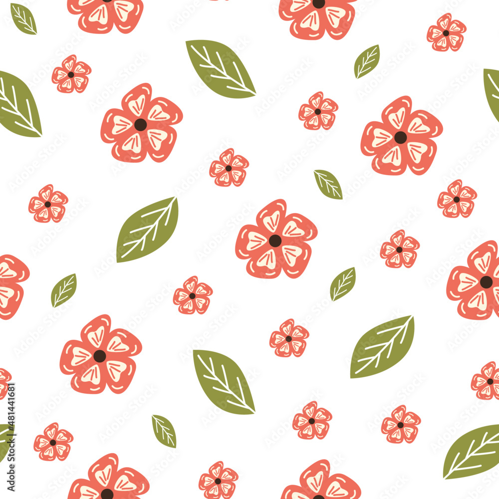 Floral seamless pattern. Spring pattern with pink flowers and green leaves Floral seamless pattern. Spring pattern with pink flowers and green leaves