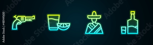 Set line Revolver gun, Tequila glass with lemon, Mexican man sombrero and bottle and. Glowing neon icon. Vector