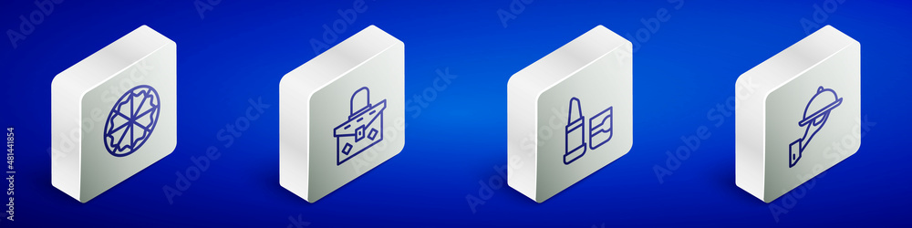 Set Isometric line Pizza, Handbag, Lipstick and Covered with tray of food icon. Vector Set Isometric line Pizza, Handbag, Lipstick and Covered with tray of food icon. Vector