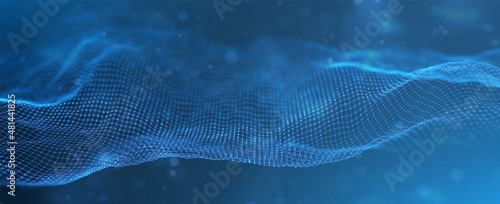 Abstract blue particle background. Flow wave with dot landscape. Digital data structure. Future mesh or sound grid. Pattern point visualization. Technology vector illustration.