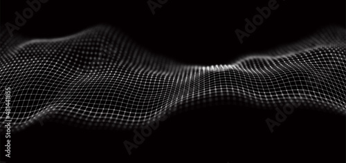Abstract white particle background. Flow wave with dot landscape. Digital data structure. Future mesh or sound grid. Pattern point visualization.