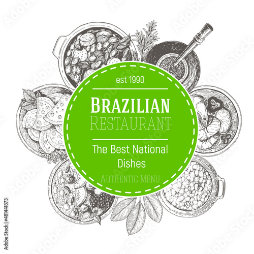 Brazilian cuisine vector illustration. Brazilian food circle concept. Menu label with feijoada, acai, mate and farofa . Linear graphic