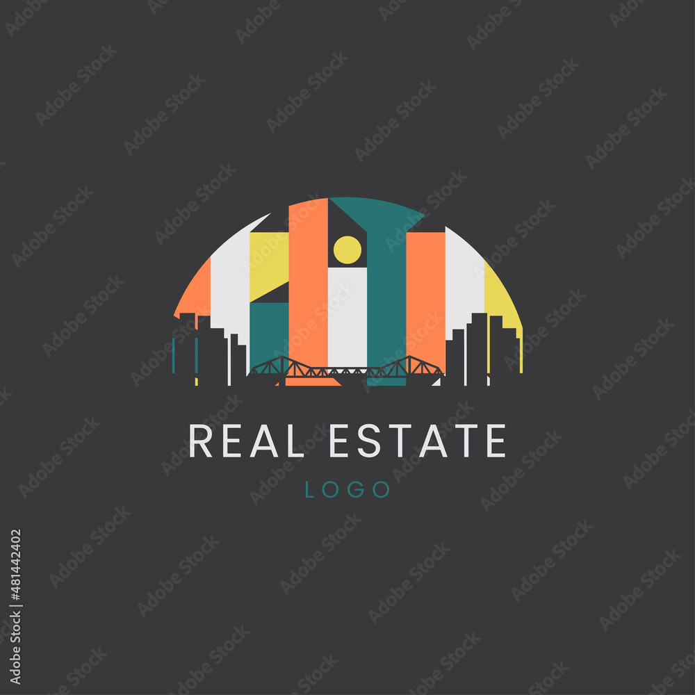 real estate logos. city ​​building apartment design with connecting bridge geometric abstract interior illustration