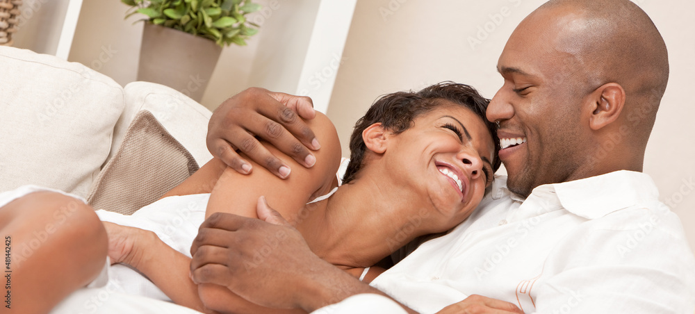 Happy African American Man Woman Couple Cuddling Panorama Web Banner Header