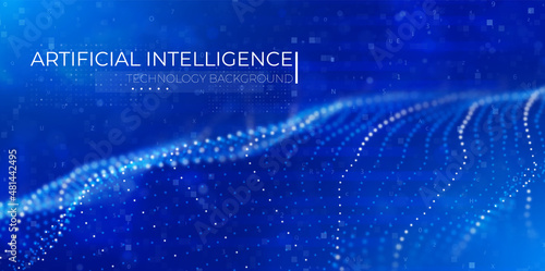 Artificial intelligence concept. Abstract blue particle background. Flow wave with dot landscape. Digital data structure. Future mesh or sound grid. Pattern point visualization.