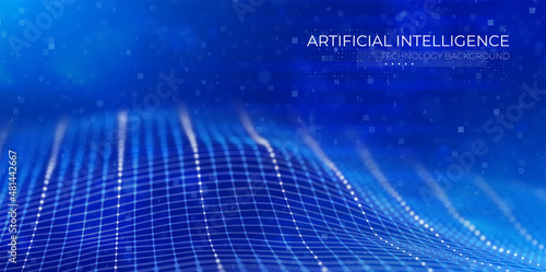 Artificial intelligence concept. Abstract blue particle background. Flow wave with dot landscape. Digital data structure. Future mesh or sound grid. Pattern point visualization.