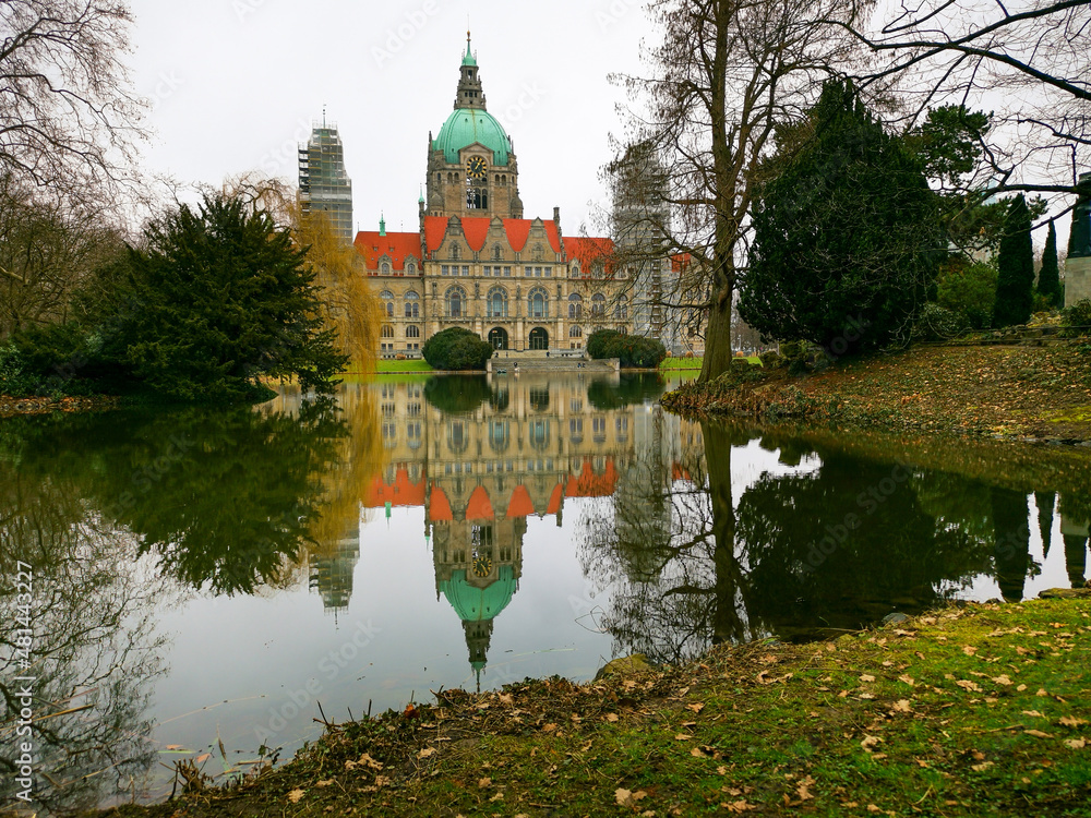Hanover City Hall is reflected in the pond