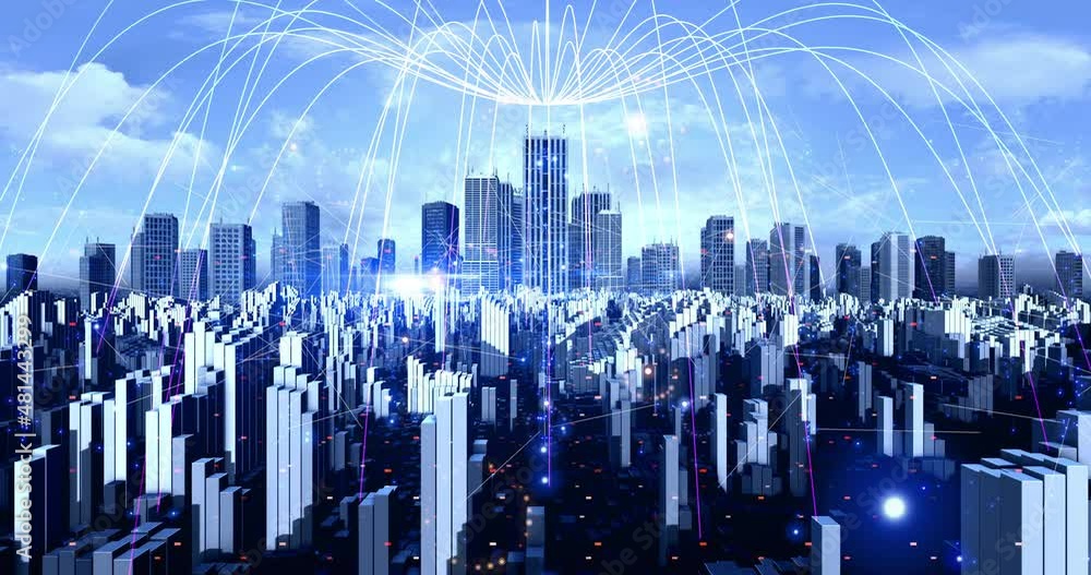 custom made wallpaper toronto digitalMetropolitan City With Rising Skyscrapers Forming A Wireless Network. Big Data And High Speed Internet 4K 3D Concept.