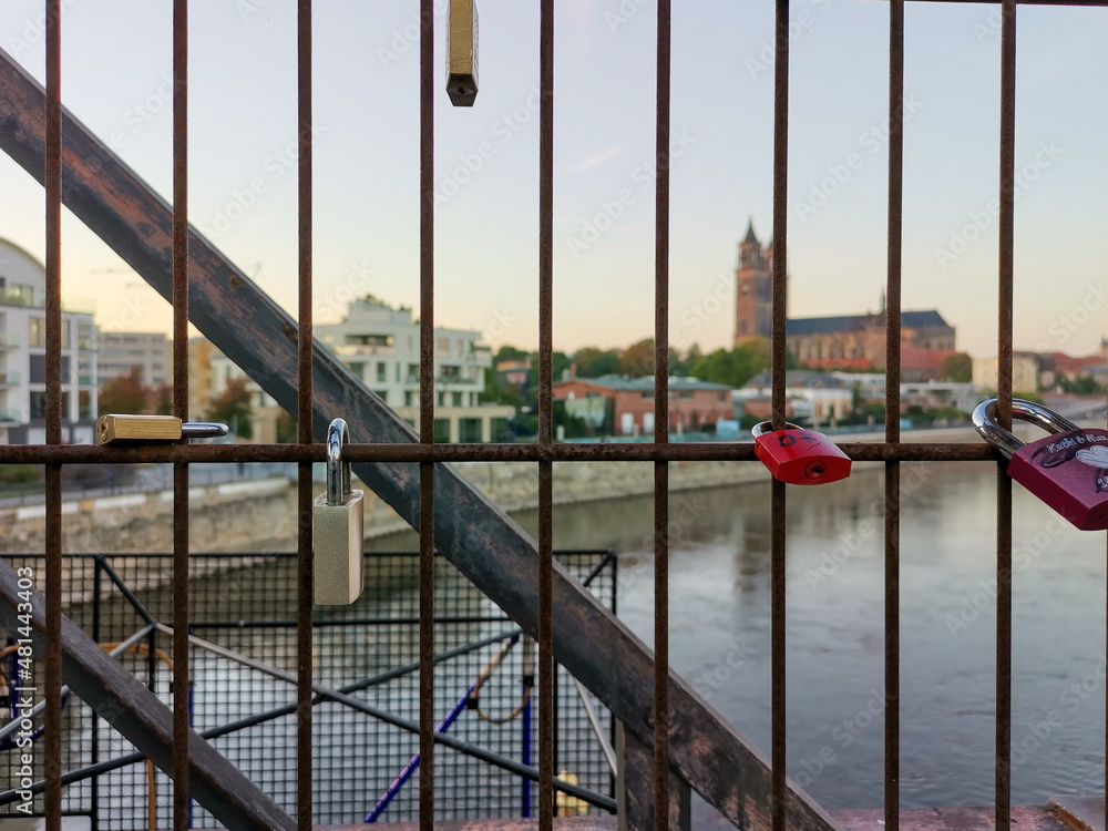 skyline of Magdeburg on the Elbe photographed through the grid of a bridge