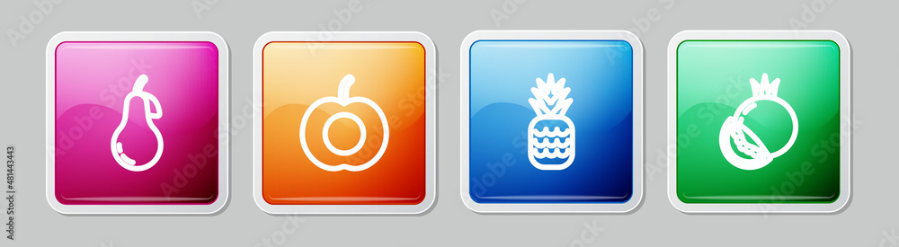 Set line Pear, Peach fruit, Pineapple and Tomato. Colorful square button. Vector Set line Pear, Peach fruit, Pineapple and Tomato. Colorful square button. Vector