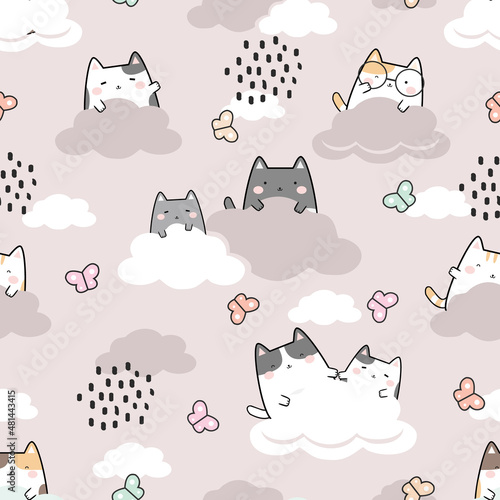 Seamless Pattern Kawaii Cute Cats In the Sky, Cartoon Animals Background, Vector Illustration