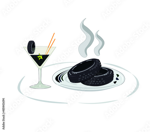 vector illustration Michelin brand caricature, glass with oil, tires on a plate, michelin star