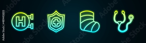 Set line Hospital signboard, Life insurance in hand, Gypsum and Stethoscope. Glowing neon icon. Vector