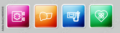 Set line Medical symbol of the Emergency, Human organ liver, Ultrasound and Healed broken heart. Colorful square button. Vector