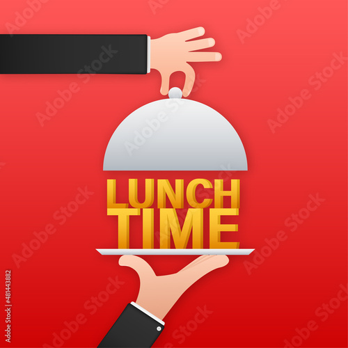 Flat icon with lunch time and hand with tray on white background for cover design. Vector icon.