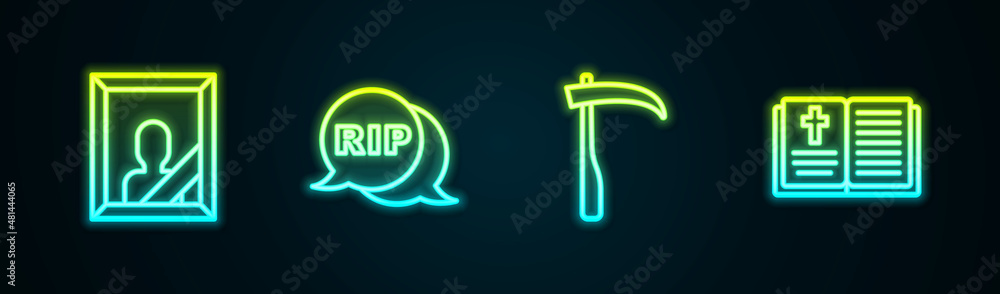 Set line Mourning photo frame, Speech bubble rip death, Scythe and Holy bible book. Glowing neon icon. Vector Set line Mourning photo frame, Speech bubble rip death, Scythe and Holy bible book. Glowing neon icon. Vector