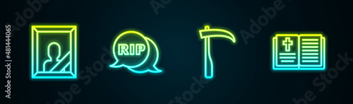 Set line Mourning photo frame, Speech bubble rip death, Scythe and Holy bible book. Glowing neon icon. Vector