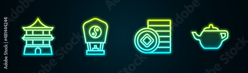 Set line Chinese house, paper lantern, Yuan currency and tea ceremony. Glowing neon icon. Vector