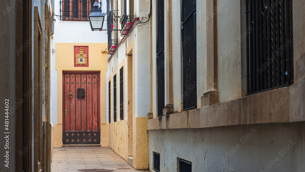 Puerta de una madera al final de un callejón en Córdoba, España 