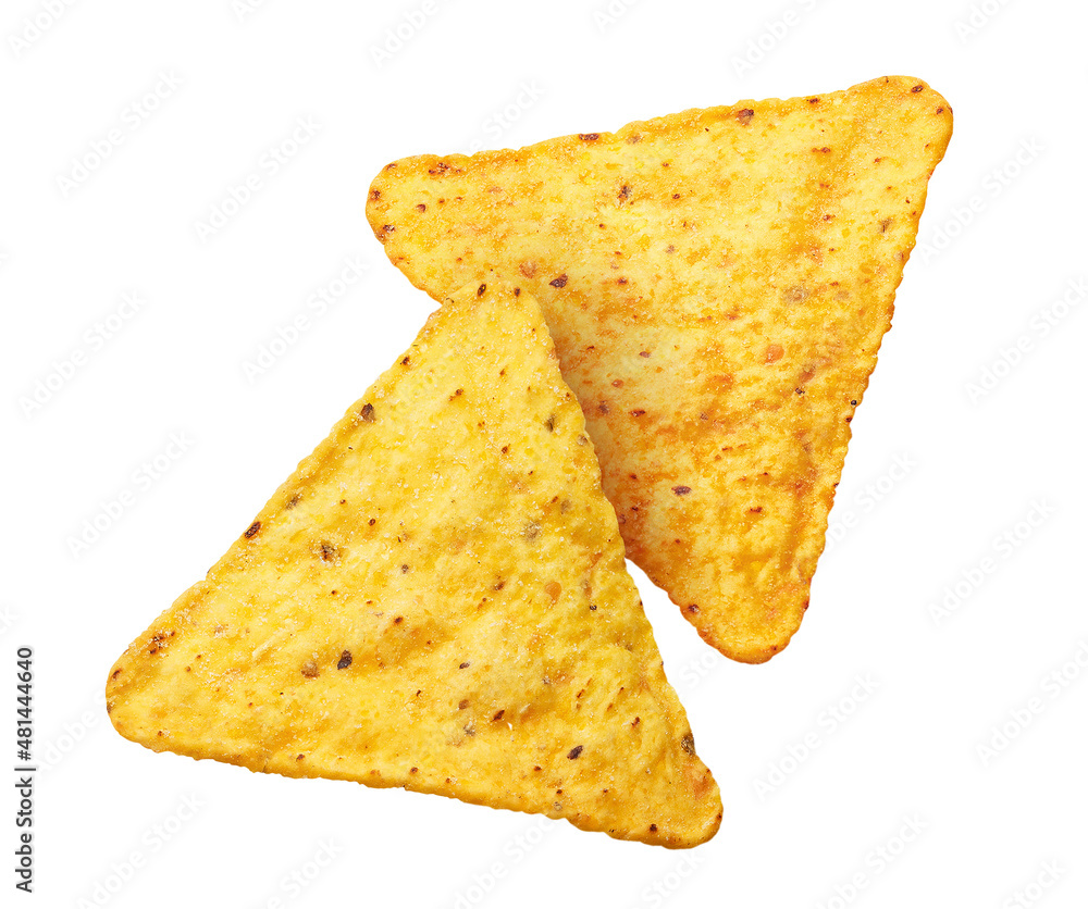 Fototapeta premium Two nachos chips close-up, isolated on white background