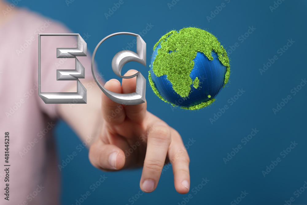 Eco word on the background of green leaves of carrots. plantation. Agriculture. harvest. Environmentally friendly, climate change Eco word on the background of green leaves of carrots. plantation. Agriculture. harvest. Environmentally friendly, climate change