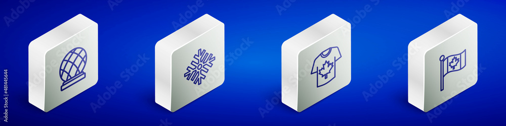 Set Isometric line Montreal Biosphere, Snowflake, Hockey jersey and Flag of Canada icon. Vector Set Isometric line Montreal Biosphere, Snowflake, Hockey jersey and Flag of Canada icon. Vector
