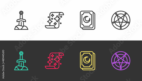 Set line Sword in the stone, Magic scroll, Tarot cards and Pentagram circle on black and white. Vector