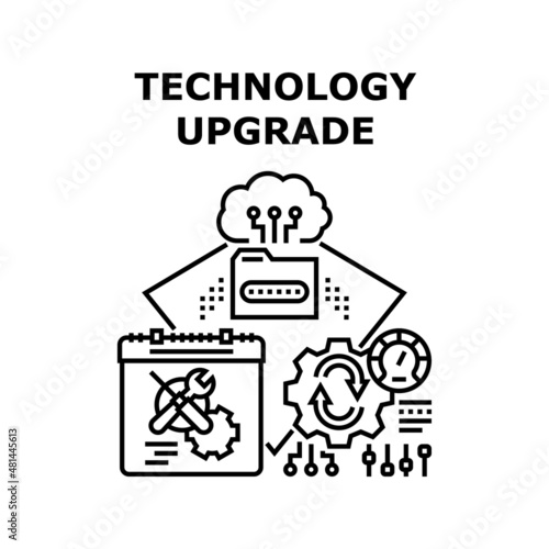Technology upgrade software concept. computer system. maintenance arrow. internet data web vector concept black illustration