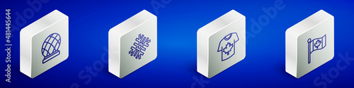Set Isometric line Montreal Biosphere, Snowflake, Hockey jersey and Flag of Canada icon. Vector